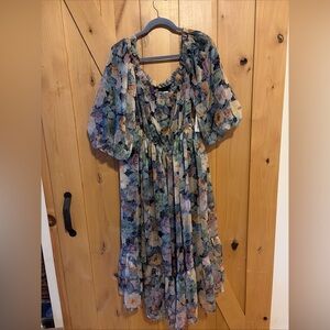 Arula Floral Print Puff Sleeve Baby Doll Flowy Watercolor Midi Dress Sz X NWT